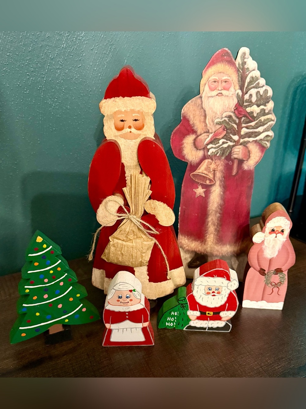 Lot of 6 Vintage Primitive Folk Art Christmas Wooden Figurines